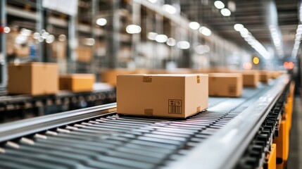 Poster - A factory conveyor belt lined with boxes moving in sequence, representing an efficient shipping and delivery process in a busy warehouse environment