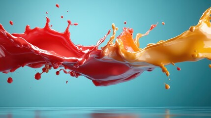 Poster - Dynamic splashes of red and yellow paint collide beautifully against a teal background, creating an energetic and vibrant visual display of colors and motion.