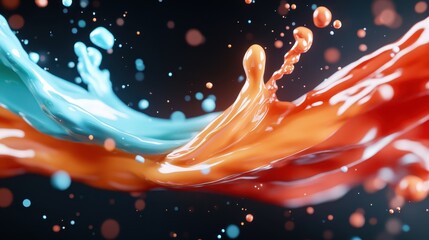 Poster - Entwining waves of orange and blue paints flow towards each other gracefully, capturing a serene and harmonious merging against a dark contrasting background.