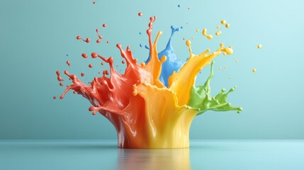 Poster - A colorful explosion of multicolored paint splashes high into the air, creating an intricate and lively pattern on a smooth surface with captured motion.