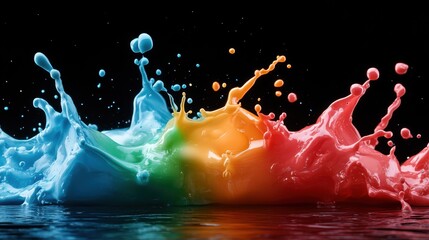 Poster - Bold splashes of blue, green, orange, and red paint dynamically clash on a stark black background, showcasing a harmonious balance of vibrant colors in motion.