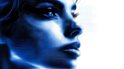 Poster - A striking digital portrait in blue tones, displaying a woman's detailed face, emphasizing modernity and digital themes.
