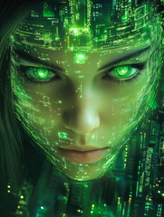 Poster - A futuristic representation of a face with glowing green eyes and circuit board textures, symbolizing digital evolution and mind.