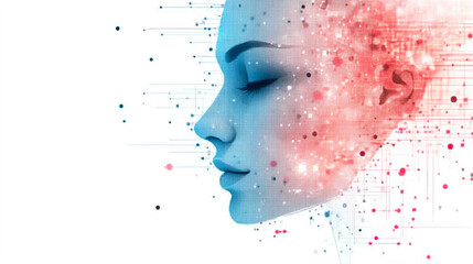 Poster - A digital, abstract representation of a human face dissolving into blue pixels, symbolizing technology and future integration.