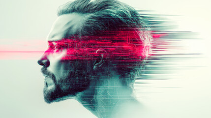 Poster - A futuristic artwork of a man's profile with a red digital glitch, epitomizing technology's impact on consciousness and identity.