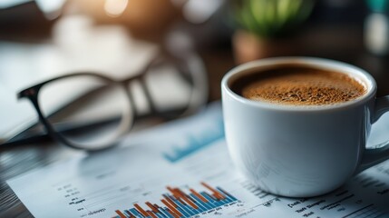 A cup of coffee sits on financial charts, accompanied by glasses, illustrating a productive day start, blending caffeine and strategic planning energy.