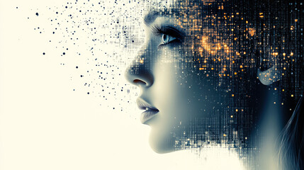 Poster - An abstract female face dissolving into particles with glowing pixels, symbolizing digital transformation and dispersion.