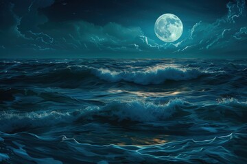 Wall Mural - a large moon is reflected in the ocean, generative ai image