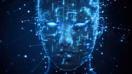 Poster - A frontal view of a blue digital face with network patterns, representing connectivity and technological advancement concepts.