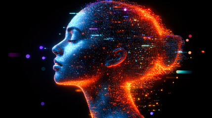 Poster - An ethereal digital woman's profile is illuminated by bright, abstract color patterns, capturing the essence of technology and art.