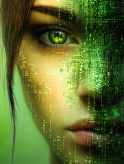 Poster - A face with green digital overlay illustrating high-tech concepts in a fusion of human identity and virtual environments.