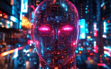 Poster - Futuristic AI Concept With Neon Digital Human Face