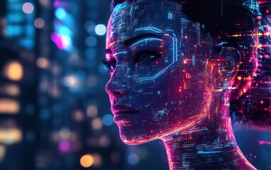 Aufkleber - Futuristic Cyber Woman with Digital Interface in Neon Lights