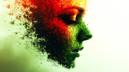 Poster - A striking profile of a face disintegrates into colorful abstract fragments, representing thought dispersion and introspection.