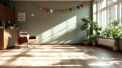Poster - A spacious, well-lit room features a wooden floor, comfortable chair, potted plants, and colorful bunting, creating a warm and inviting atmosphere.