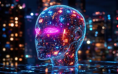 Poster - Futuristic Digital Human Head with Neon Circuit Patterns