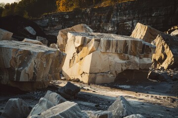 Massive blocks of quarried stone lie scattered under the golden glow of late afternoon sun, showcasing the rugged beauty of an industrial landscape.