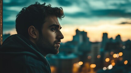 Poster - A young man gazes thoughtfully at the city skyline during sunset, capturing a moment of reflection against the urban backdrop