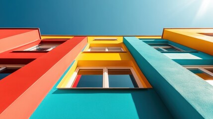 Poster - A vibrant, colorful building facade with vivid geometric designs and windows, representing creativity and modern artistic style on a clear sunny day.