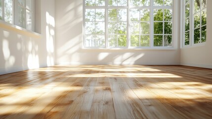 Poster - A serene and sunlit empty room with elegant wooden flooring and expansive windows that allow sunshine to flood the space, evoking warmth and tranquility.