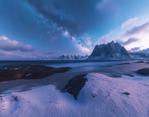 Wall Mural - The Milky Way is bright over snow-covered mountains and sea at night in Norway. The landscape is outlined by snowy rocks, starry skies, reflection of the fjord and water. Lofoten Islands. Space is