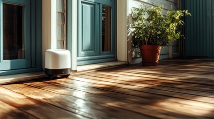 A smart vacuum cleaner is placed by a blue door on a wooden porch next to a potted plant, bathed in warm sunlight, creating a welcoming atmosphere.