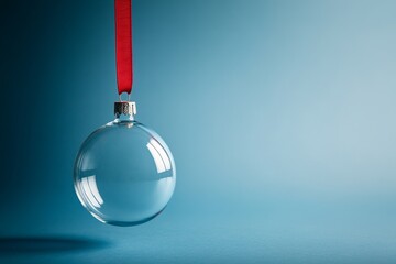 a close-up of a transparent christmas bauble on a red ribbon with snow inside. stock photo with copy