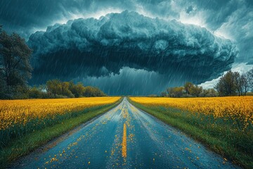 Wall Mural - Massive storm cloud with heavy rain over dirt road in yellow flower field creating a dramatic rural landscape Generative AI