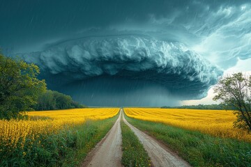 Wall Mural - Massive storm cloud with heavy rain over dirt road in yellow flower field creating a dramatic rural landscape Generative AI