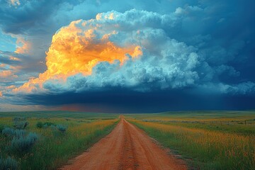 Wall Mural - Massive storm cloud with heavy rain over dirt road in yellow flower field creating a dramatic rural landscape Generative AI