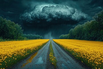 Wall Mural - Massive storm cloud with heavy rain over dirt road in yellow flower field creating a dramatic rural landscape Generative AI