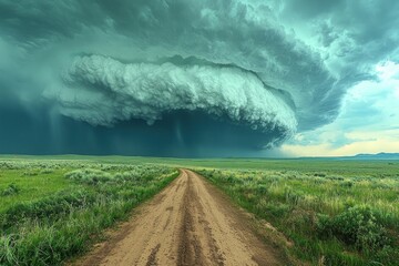 Wall Mural - Massive storm cloud with heavy rain over dirt road in yellow flower field creating a dramatic rural landscape Generative AI