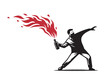 © Victoria - A protester throws a burning bottle. Molotov cocktail. Revolution. print. Black and white stencil vector illustration