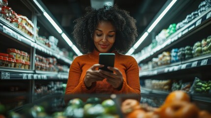 A woman with an orange sweater smiles while holding her phone, standing in a grocery store aisle filled with fresh vegetables and assorted produce.