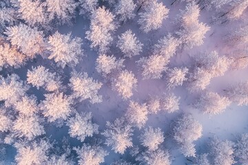 Above the winter forest, a pink sky is visible