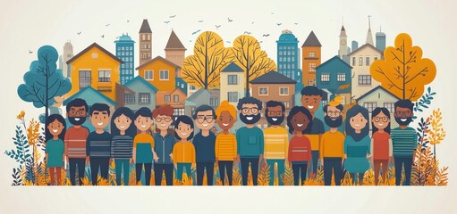 Diverse group of people standing together in an urban street with colorful buildings and trees in the background Generative AI