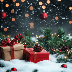 Christmas red decorations on snow with gift boxes, for tree branches and christmas lights.