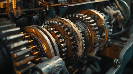 Close-up view of mechanical gears in an industrial machine, intricate details, silver and brass.