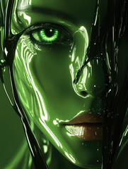 Poster - A striking close-up of a human face in a futuristic green style, showcasing vibrant digital effects and shiny textures.