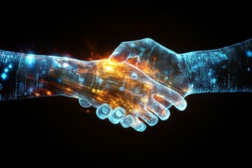 Fototapete - embracing ai technology through holographic handshake.