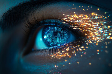 Poster - A close-up digital art of an eye with futuristic light effects and intricate patterns, symbolizing insight and technology.