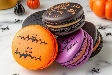 Halloween macarons with abstract decorations in orange, black, and purple on a marble surface