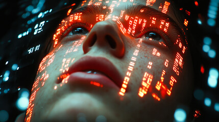 Poster - A close-up of a face gazing upwards, covered in luminous red data patterns, signifying virtual technology and human essence.