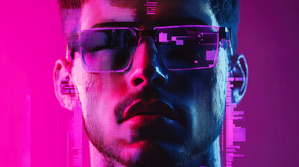 Poster - A modern portrait displaying a digital glitch effect with vibrant pink hues and reflective glasses enhancing its style.