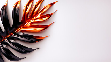 Wall Mural - A striking tropical leaf showcases an innovative blend of metallic orange and deep black hues, creating a bold contrast against a white canvas, perfect for modern decor