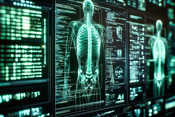 Poster - A futuristic display of a glowing human skeleton surrounded by digital data, symbolizing advanced medical technology insights.