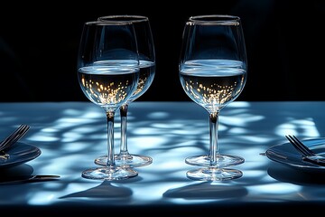 Four wine glasses filled with water stand on a table with cutlery and plates, illuminated by soft, blue light.