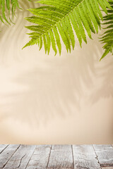 Fototapete - Template with empty table and wall with leaves shadow