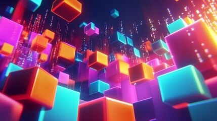 Poster - colorful 3d cubes floating in a vibrant digital space filled with light and particles