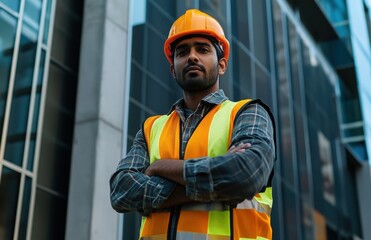 Portrait of an attractive Indian male construction worker wearing a hard hat and high-visibility vest, standing in front of a modern building with his arms crossed and looking at the camera.